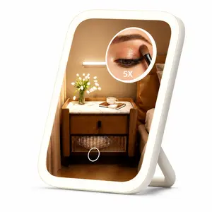 Lighted Makeup Mirror with 5X Magnification, Rechargeable USB Vanity Mirror with Stand, 3 Color LED Lights, Adjustable Brightness & Angle, Foldable Portable Travel Makeup Mirror, Touch Control Desktop Mirror Gift for Women