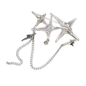 Elegant Four Pointed Star Chain Pin Crystal Breastpin Zircon Lapel Ornament
