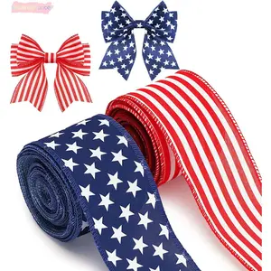Patriotic Wired Ribbon 2-Roll Set, 2.5in x 10yds Per Roll Stars & Stripes Burlap Fabric for Wreaths Crafts, Independence Day Home Decor, 250th Anniversary DIY Bow Supplies