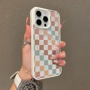 Vintage Multicolored Checkered Pattern Premium Magnetic Phone Cases for iPhone 17 Air 16 15 14 Pro Max 13 12 11 Plus Smartphone Shockproof Protection Acrylic Cover Cellphone Protective magsafe magnetic case Aesthetic Resistance Casing Protector.QXE718
