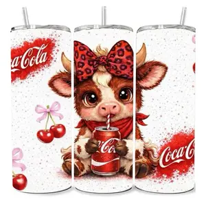 20 oz tumbler Coca-Cola Adorable Cow Design Tumbler with Straw and Cherries Motif for Fun and Stylish Drinking Experience