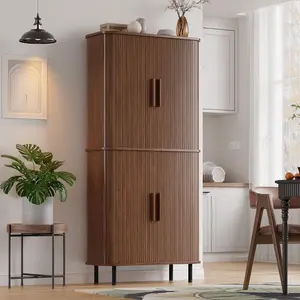 【CategorySelect】ONBRILL 71" Fluted Freestanding Wood Cupboard - Tall Modern Furniture Storage Pantry Cabinet with 2 Pegboards, 4 Hooks, Adjustable Shelves for Kitchen, Dining Room