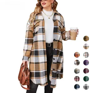 2025  Womens Plus Size Flannel Plaid Shirts Long Sleeve Lounge Lapel Boyfriend Button Down Tartan Long Jacket Coats # US 2025 Deals for You Days Womenswear Check