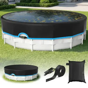 Above-ground pool cover for shading pool equipment and protecting heaters, equipped with heavy-duty mechanical buckles and straps for secure fastening, solar waterproof design, keeps out debris to maintain clear water, rainproof and durable cover.
