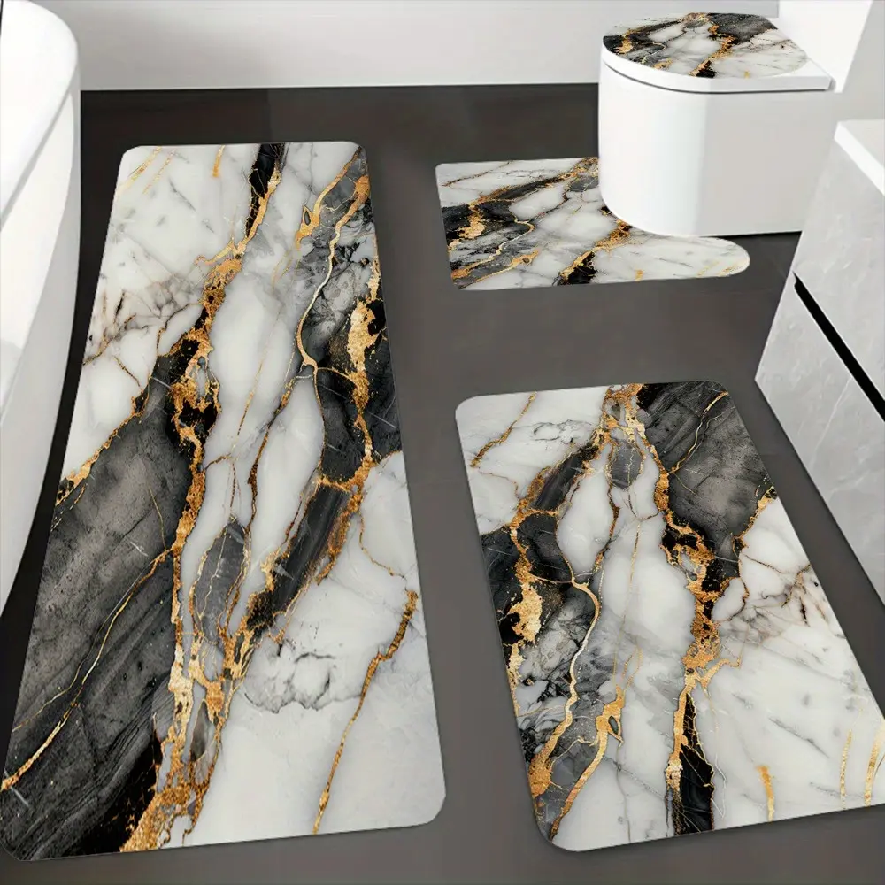 4pcs/ Set Christmas Decoration Black and White Gilt Marble Printed Bathroom Protective Mat Set, Non-slip Bathroom Mat, Flannel Bathroom Mat, Bathroom Floor Mat, Toilet Mat Universal Soft Comfortable, Home Decoration