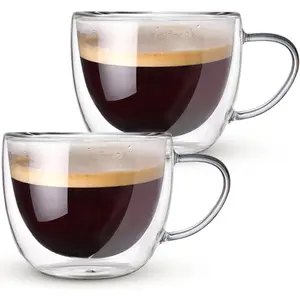 Double Walled Glass Coffee Mugs Set of 2, 8 oz Hand Blown Insulated mugs with Handle, Clear Coffee Mugs for Cappuccino, Latte, Americano, Tea Bag, Beverage Glasses Heat Resistant Coffee Cups