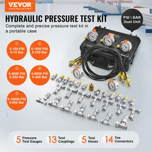 【fathersdaygift】VEVOR Hydraulic Pressure Test Kit, 10/100/250/400/600bar, 5 Gauges 13 Couplings 14 Tee Connectors 5 Test Hoses, Excavator Hydraulic Test Gauge Set with Carrying Case for Excavator Tractors Machinery