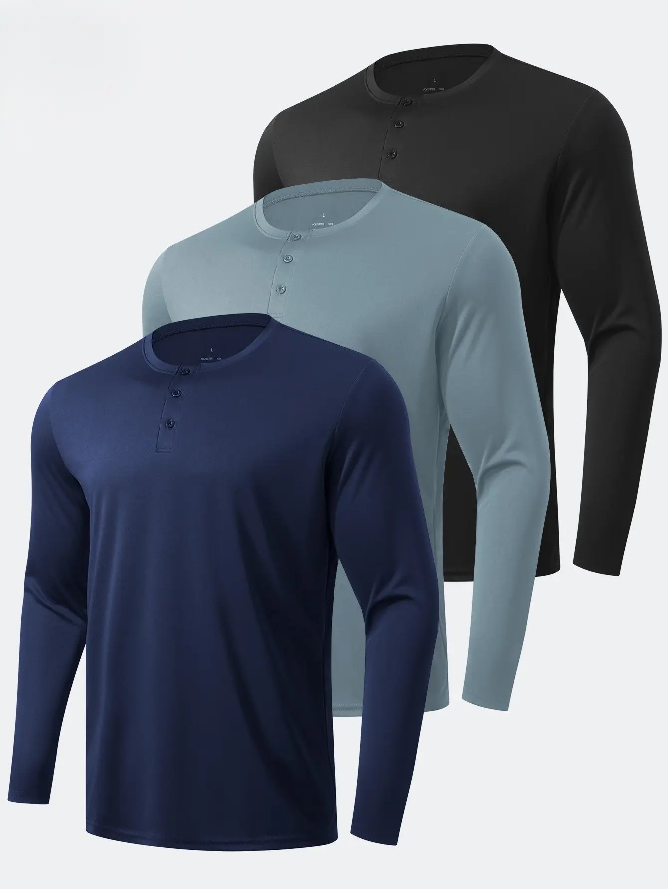 3-Pack Henley Neck Fleece Work Shirts - Long Sleeve Triple-Button Placket Outdoor Workwear summerwins