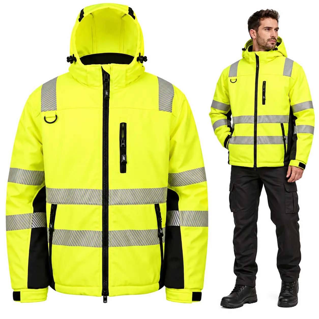 Men's High Visibility Reflective Work Jacket, Hooded Safety Jacket with Zipper Pockets, Hi Vis Outdoor Construction Workwear black bottom