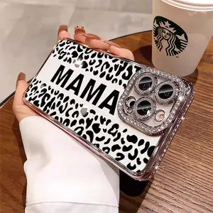 Leopard Print MAMA  luxury rhinestone decor phone case for iPhone 17 17AIR 17PRO 17PROMAX 16 15 14 13 12  plus pro Max shockproof camera protector cover