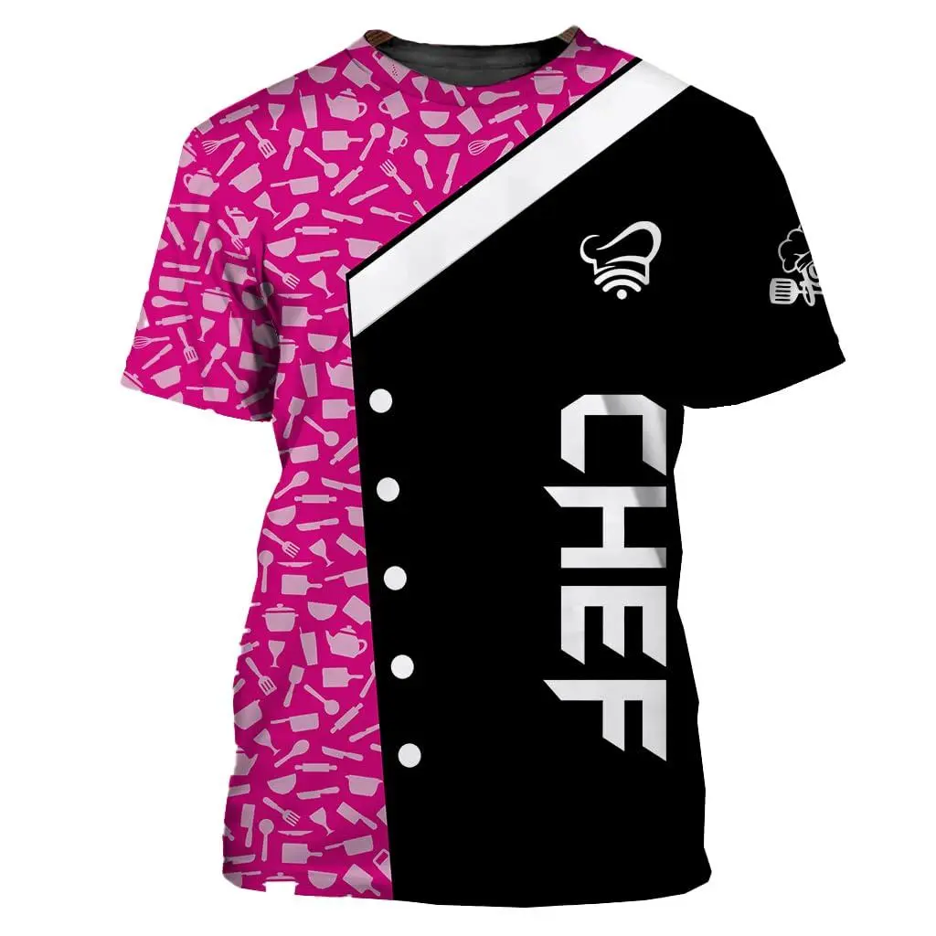 Unisex Chef Themed 3D Print T - Shirt, Featuring Chef Hat, Kitchen Utensils & Pots Pattern, Split Pink - Black Design with "CHEF" Lettering, Perfect for Cooking Enthusiasts, Casual Wear, Kitchen Work & Chef - Themed Events