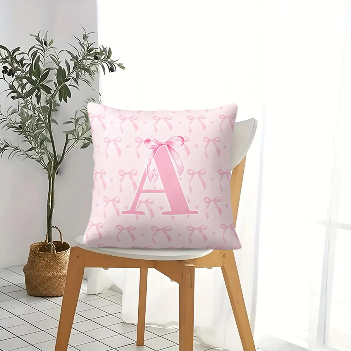Coquette Aesthetic Pink Bow Initial A Square Throw Pillow, Ultra Soft Heart Print Multipurpose Cushion for Couch Sofa Bed Living Room Dorm Teens Girls Women