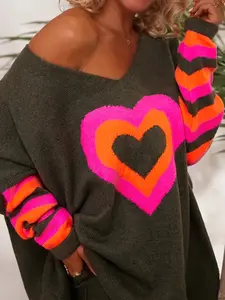 Autumn Winter New Heart Sweater Women Long Sleeve Striped Knit Top Coat, Casual Fashion Pullover for Ladies, Cozy and Stylish Outerwear, Graphic Pullover