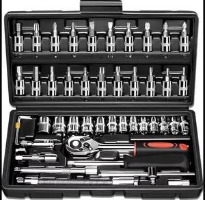 46-Piece 1/4" Drive Socket Set - Chrome Ratchet Wrench Kit with Metric Sockets, Extension Bars, Blow-Molded Casing for Auto Repairing, Car Repair Machinery Tools & Household Use