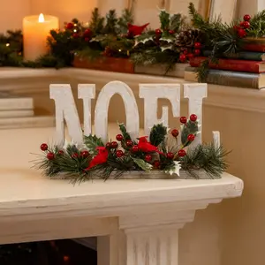 NOEL 12" Sign with Cardinal Berries, Wooden Lettering, Multicolor Decoration for Holiday Decor
