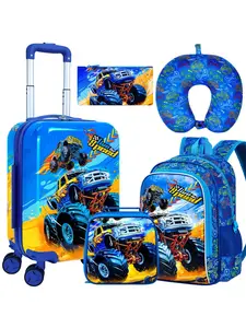 5Pcs Kids Rolling Luggage Set with Cool Monster Truck Flame Print | Wheels + Backpack + Lunch Bag + Neck Pillow + Pencil Case | Racing Car Themed Travel Trolley Set for Boys, School & Vacation Trip