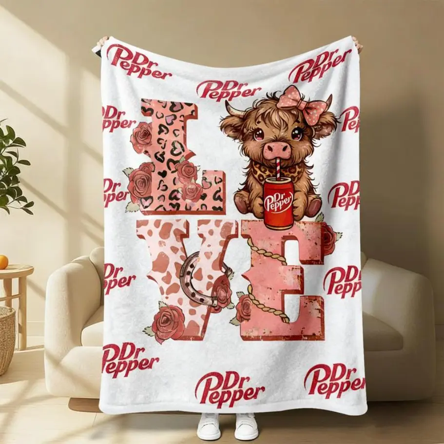 Cow Print LOVE Highland Cow Dr Pepper White Flannel Throw Blanket - Super Soft, Warm, Cozy, Casual, Wrinkle-Resistant Polyester (80x60 in Largest Size) for Bed, Sofa - All-Seasons Gift for Soda Lovers, Cow Print Blanket