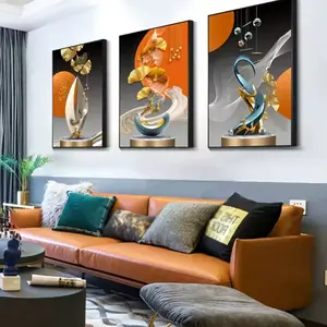 3 Pieces Optional Wooden Frame Modern Geometric Canvas Painting Mural Set Modern Art Design Golden Deer And Ginkgo Leaf Painting For Living Room Bedroom Office Hallway Decor Wall Poster Decor Painting Many Home Decor