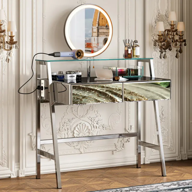 High end and high-quality 33.9" Mirrored Makeup Vanity Desk with Mirror and Lights, Mirrored Console Vanity Table with 2 Big Drawers & Open Shelf, Dressing Table with Charging Station for Bedroom, Silver vanity  without  let vanity  with  chair