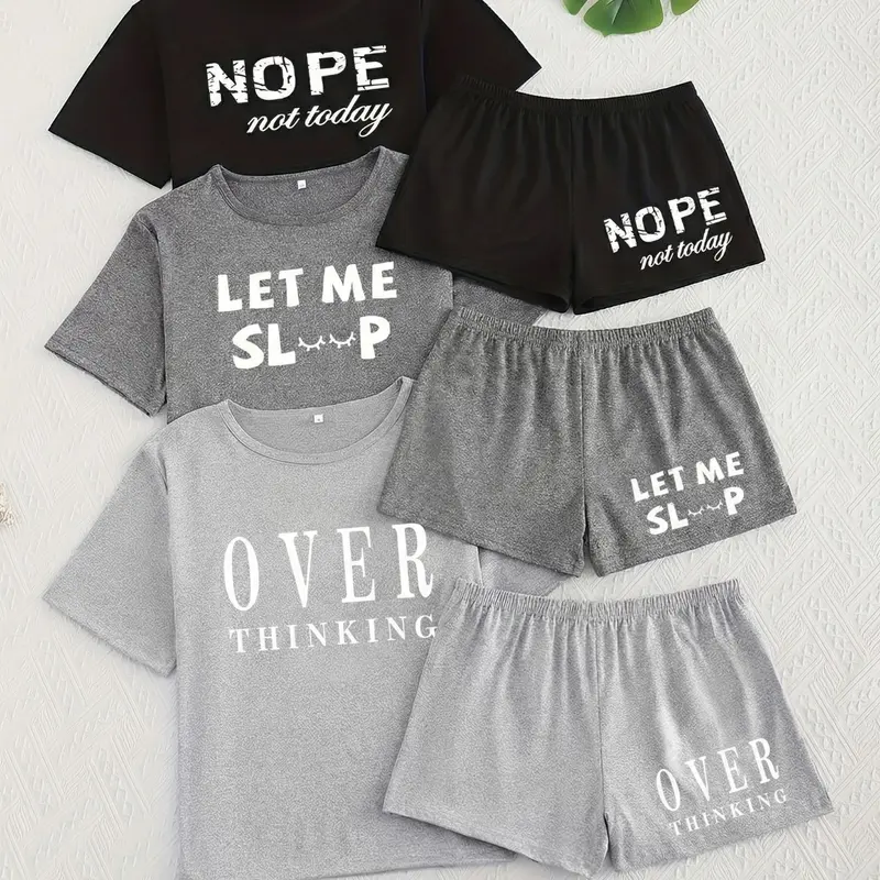 Women's Letter Print Sleepwear Set, Short Sleeve Top & Shorts Pajama Set, Casual Loose Fit Matching Nightwear for Women, Everyday Loungewear Outfits, Lounge Pjs Set