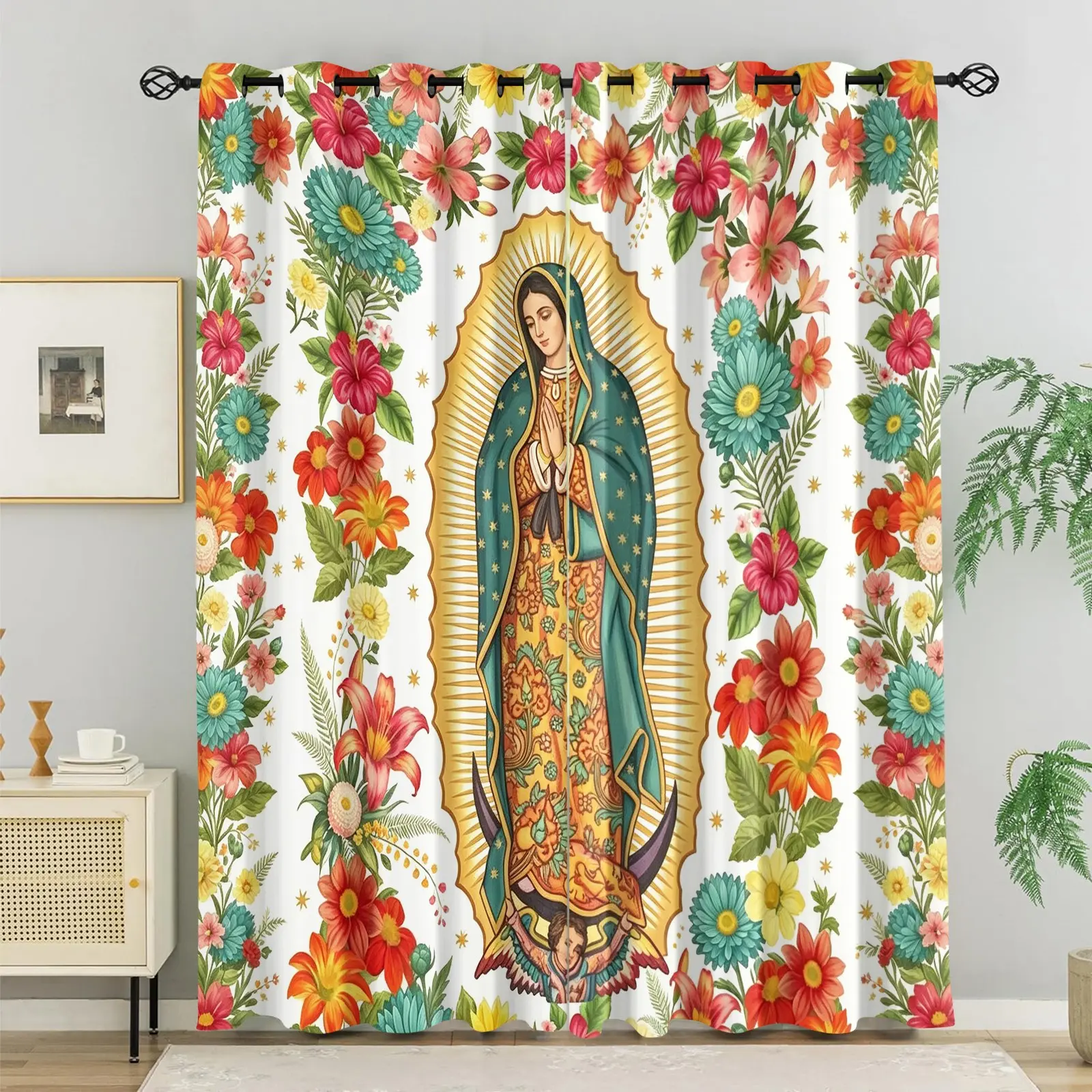 2 Panels Virgen de Guadalupe & Colorful Flowers Blackout Curtains - Sun Blocking, Noise Reducing Window Treatments, Mexican Folk Art Floral & Saint Mary Design, for Apartment, Church, Religious & Spiritual Room Decor
