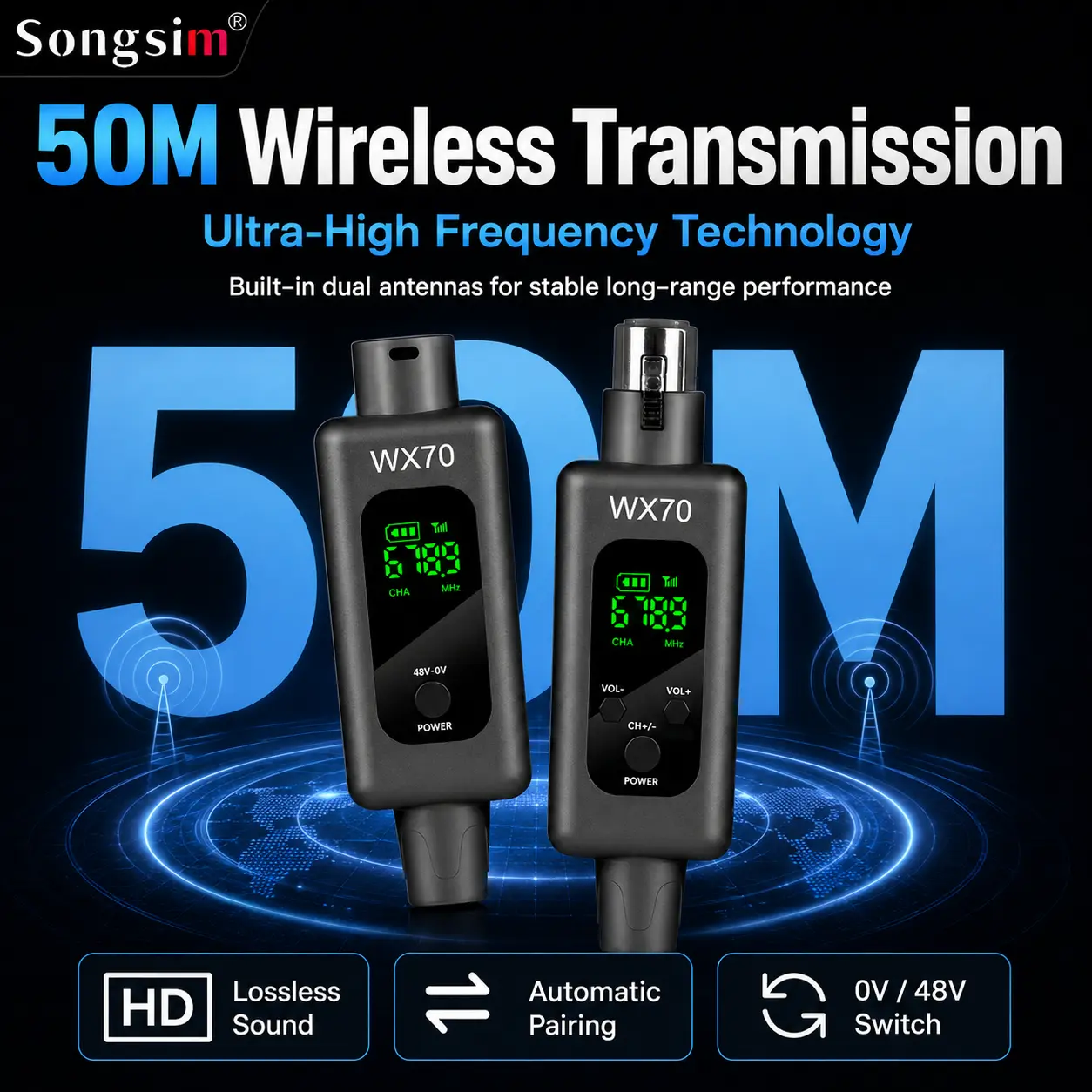 Songsim WX70 Wireless Audio Transmitter Receiver System, XLR & 6.35mm, 50M Wireless Range, 0V/48V Phantom Power Switch, Rechargeable Audio Transceiver for Microphone, Guitar, Mixer, Speaker & PA System, 1TX/2TX Options