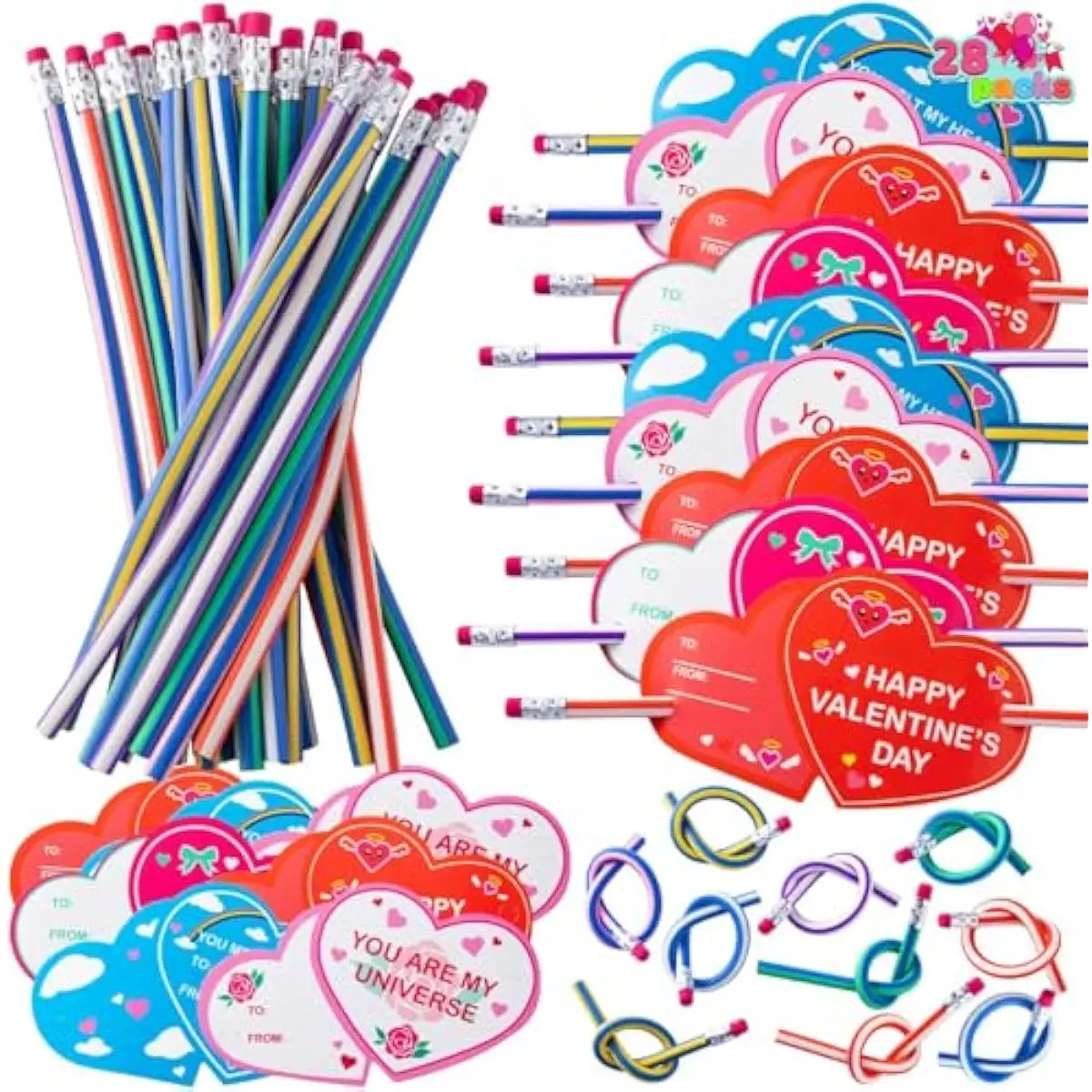28 Pcs Valentine Bendy Pencils, with Cross Through Heart Shaped Greeting Cards, Classroom Exchange Party Favors Kids gifts for School Classmates Reward Prizes