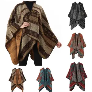 Women Boho Chic Cashmere Shawl Wrap Vintage Side Split Elegant Poncho Cape Open Front Cardigan Shawl For Winter Fall