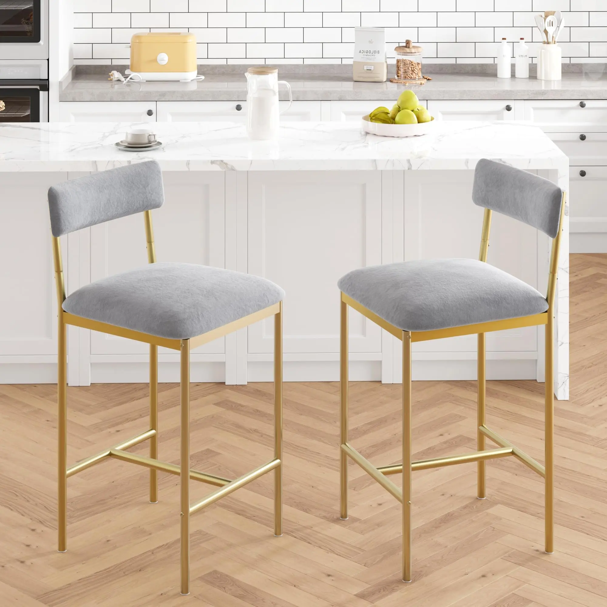 Garvee Kitchen Bar Stools Set of 2 - Counter Height Barstools with Grey Fabric Cushions, Gold Frame, Indoor Home Bar Chair with Cushions, 37×42×95 cm