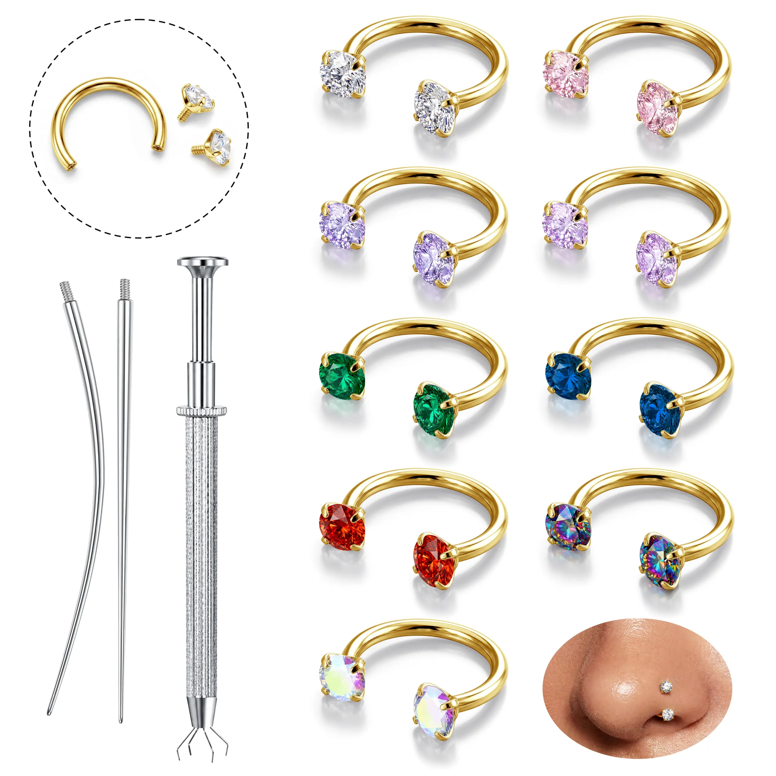 MILACOLATO 18G Horseshoe Nose Rings for Women Double Gem Horse Shoe Nose Ring Hoop 316L Surgical Steel Internally Threaded Silver Cartilage Helix Tragus Half Hoop Earrings Eyebrow Labret Lip Piercing Jewelry Small Septum Rings 8MM