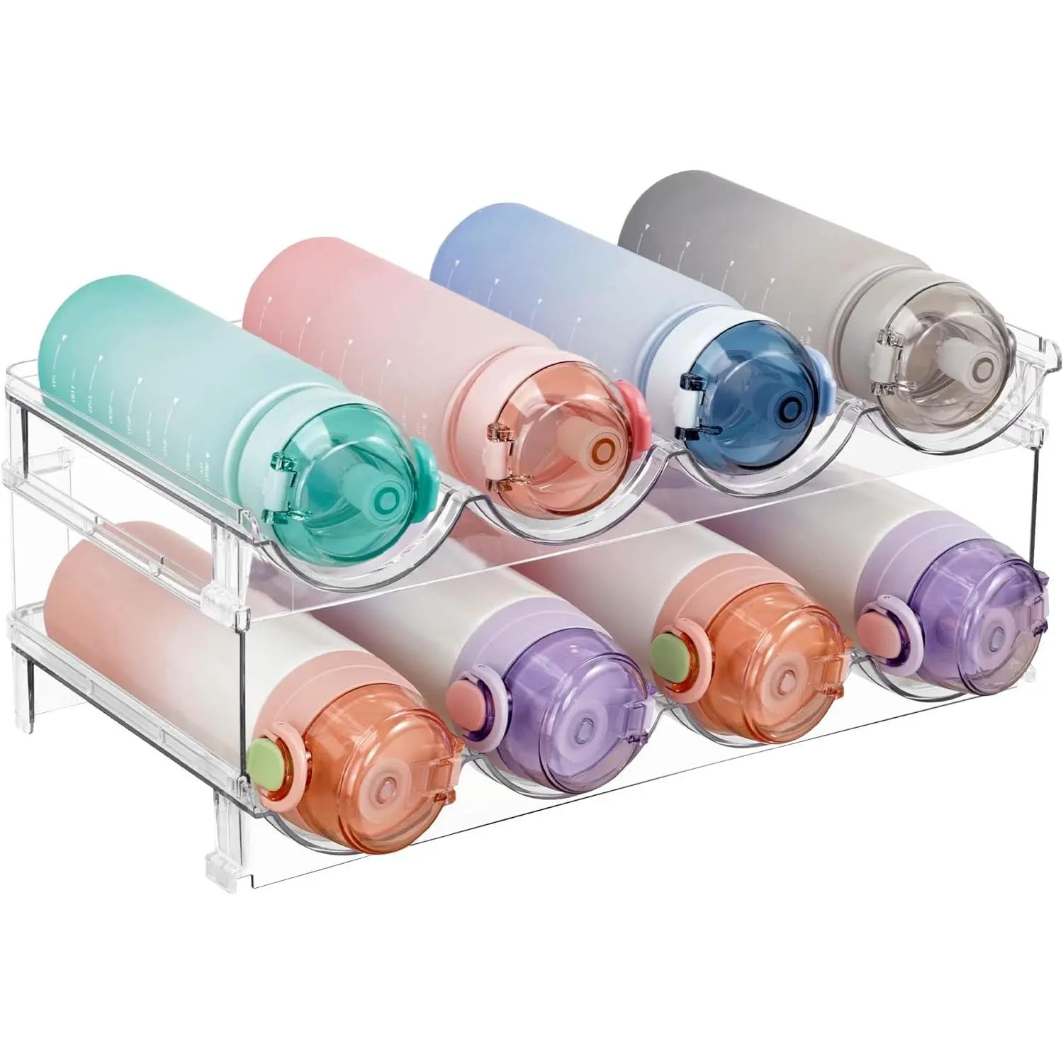 Stackable Water Bottle Organizer Holder, 2 count Clear Plastic Cup Storage Rack for Pantry Kitchen Cabinet Cupboard Countertop Organization and Storage, Hold 8 Bottles