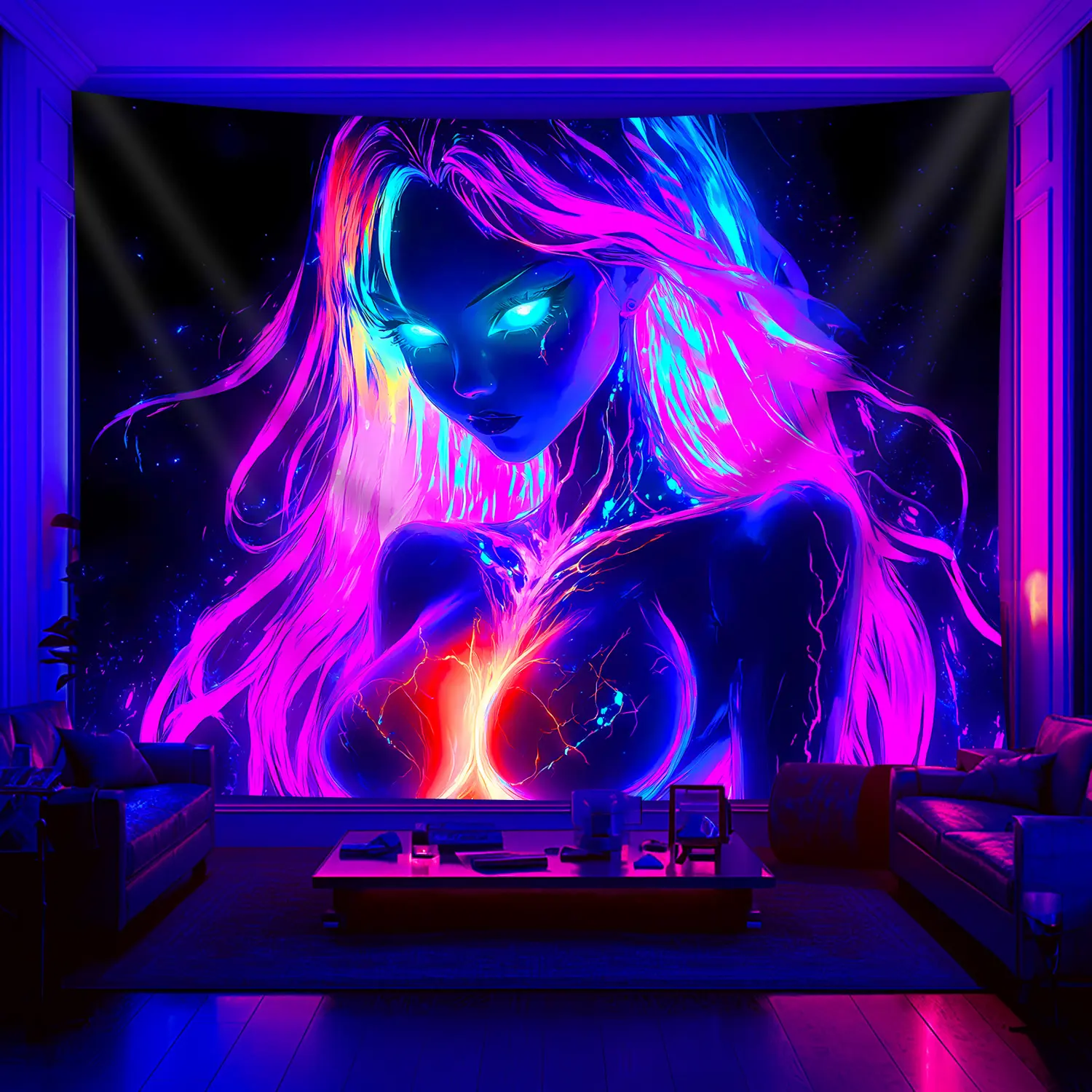 1pc Luminous Glow-in-the-Dark Anime Tapestry - UV Blacklight Reactive Fluorescent Graphic Wall Hanging, Wrinkle Resistant Durable Large Peach Light Beige Soft Textured Home Decor Supplies, No-Installation Room Decoration for Bedroom
