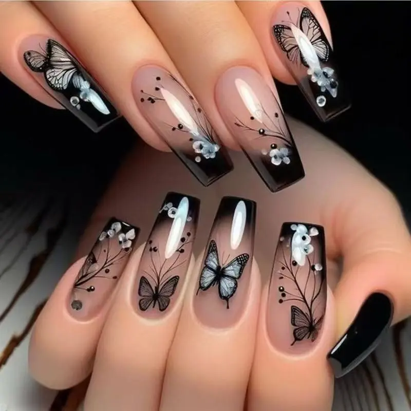 24pcs Dark Gradient Butterfly Ballerina Nails, Decorative Nails, Medium Length, Removable Wearable, Sweet Cool Style, Trend, DIY Nails Art Supplies
