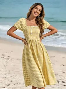 Vintage French Red & White Gingham Square Neck Puff Sleeve Tie-Front Backless Waist-Cinched Cottagecore Vacation Midi Dress Chill Coastal Red & White Gingham Square Neck Puff Sleeve Tie-Front Backless Waist-Cinched Casual Beach Midi Dress Plaid