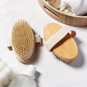 Natural boar bristle exfoliating brush; a body scrub brush that promotes lymphatic detoxification and blood circulation; suitable for use both wet and dry; provides deep exfoliation for smooth skin Care