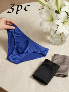 Men's Low Waist Seamless Satin Underwear Set, Random Colors, Ice-Cool Breathable Sweat Absorbent, 3 Pieces Pack