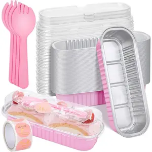 25Pack Pink Mini Cake Pans with Lids Mini Loaf Pans and Spoons and Stickers, 6.8Oz Aluminum Foil Pans Tins, Individual Dessert Cups Containers for Sales Party Picnics