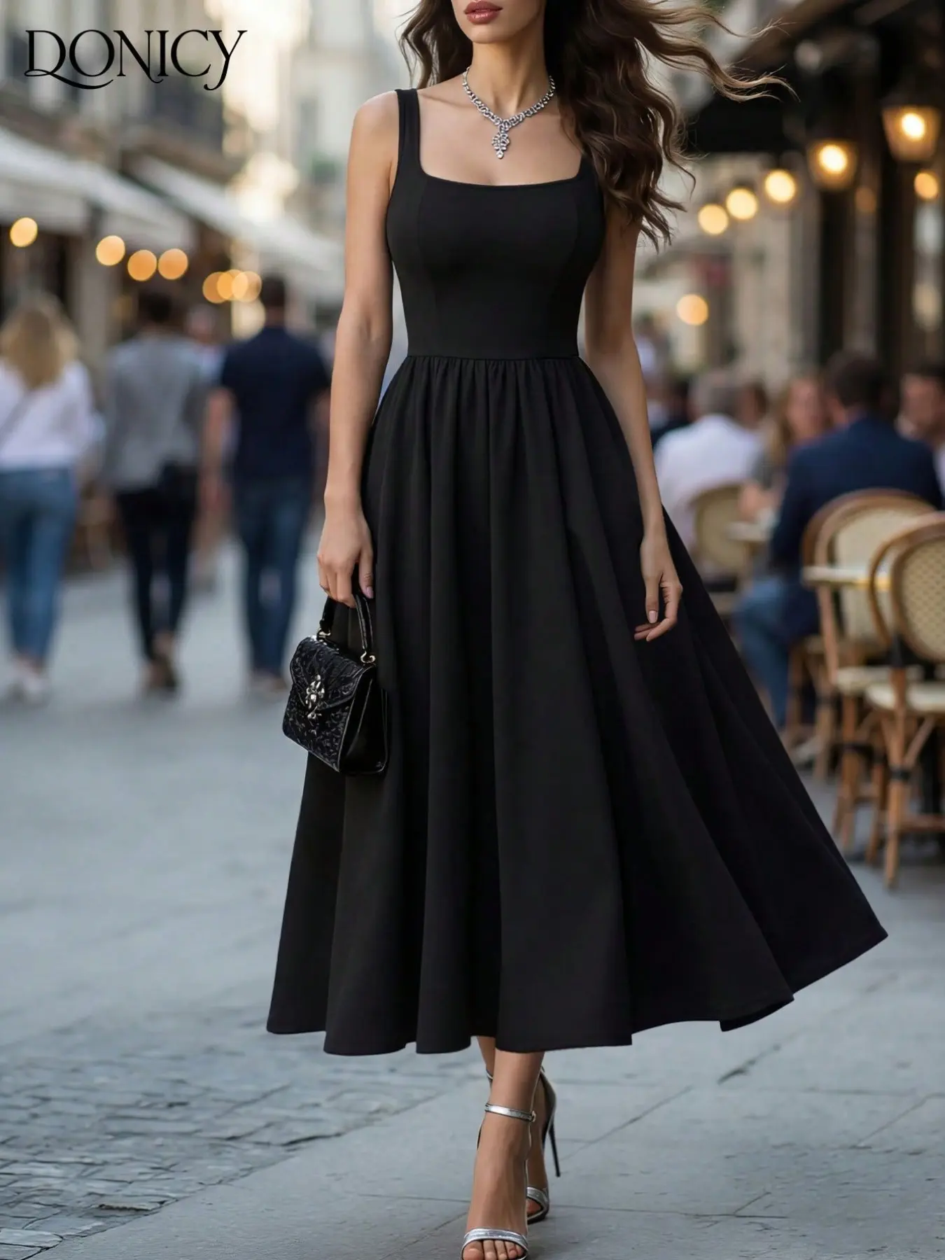 Women's Square Neck Sleeveless A-Line Midi Dress, Casual Fashion Dress, Slim-Fitting, Casual Style, Summer, Suitable for Daily Wear, Lunch, Dates, Semi-Formal Events
