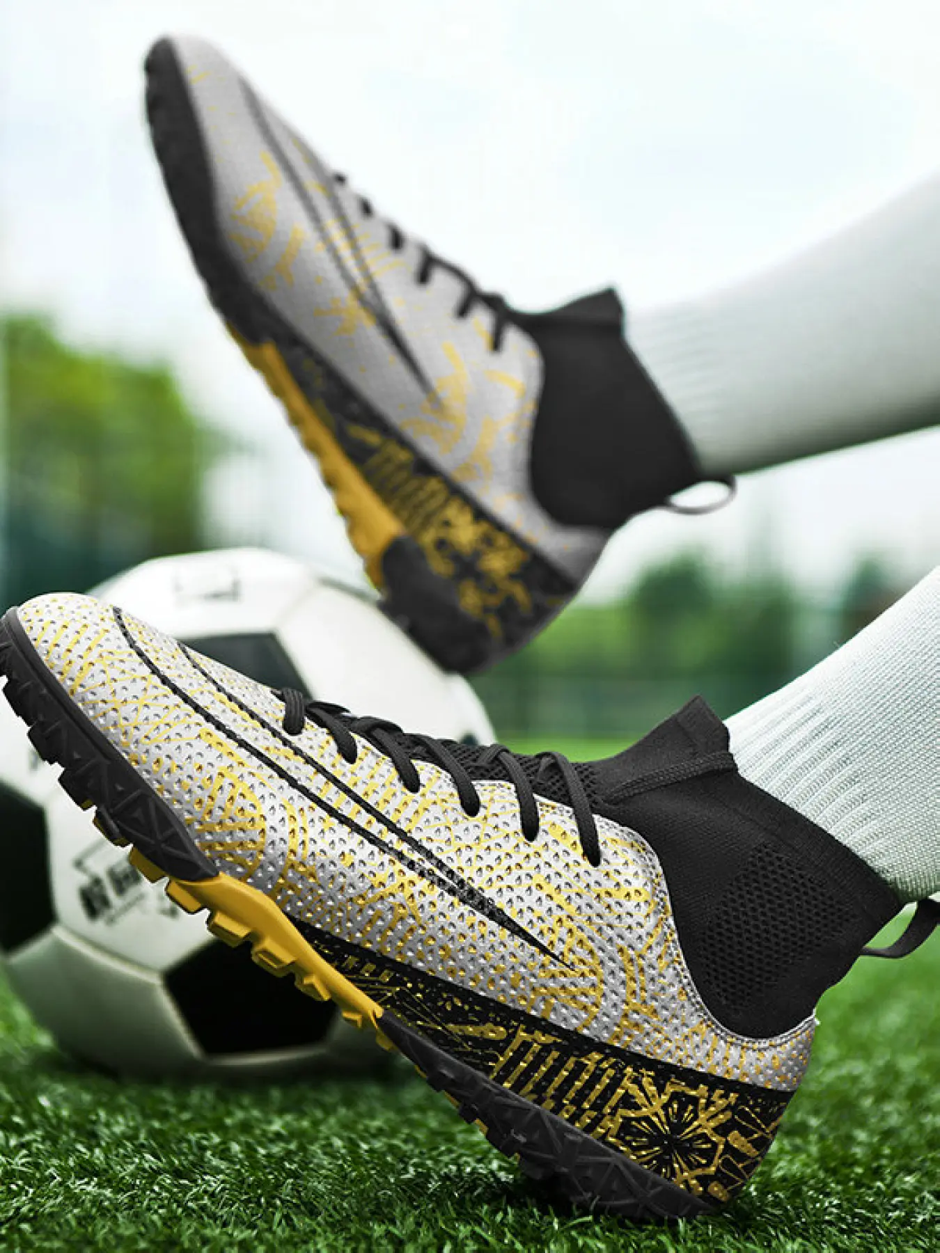 Men's High-Top football boots - Breathable Mesh Upper Soccer Cleats with Non-Slip Studs & Y-Shaped Support for Turf & Training, Trendy Graffiti Design for Youth & Adult Football Games on Natural & Artificial Grass, Football Shoes, Football Field Boots