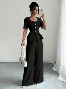 New Square Neck Waist Cinching Flounce Wide Leg Pants Set for Women, Short Sleeve Button Design, Elegant Chic Minimalist Business Casual Two-Piece Suit Womenswear