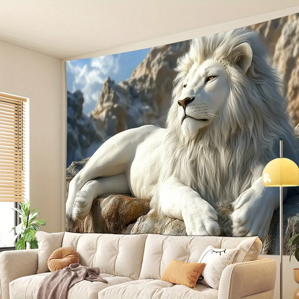 1pc Majestic White Lion Tapestry - Realistic 3D Wall Art with Detailed Fur & Mountain Landscape, Polyester Fabric, Easy to Hang, Perfect for Living Room, Bedroom, Office, or Party Decor, Bedroom Wall Decor |           Serene Room Ambiance |           Deta