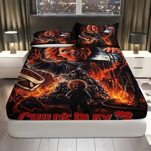 3Pcs Horror Movie Fiery Doll Fitted Sheet Three Piece Set (1*Fitted Sheet+2*Pillowcases, Coreless), Halloween theme, Spooky Bedding Set, Mattress protector Soft, Breathable