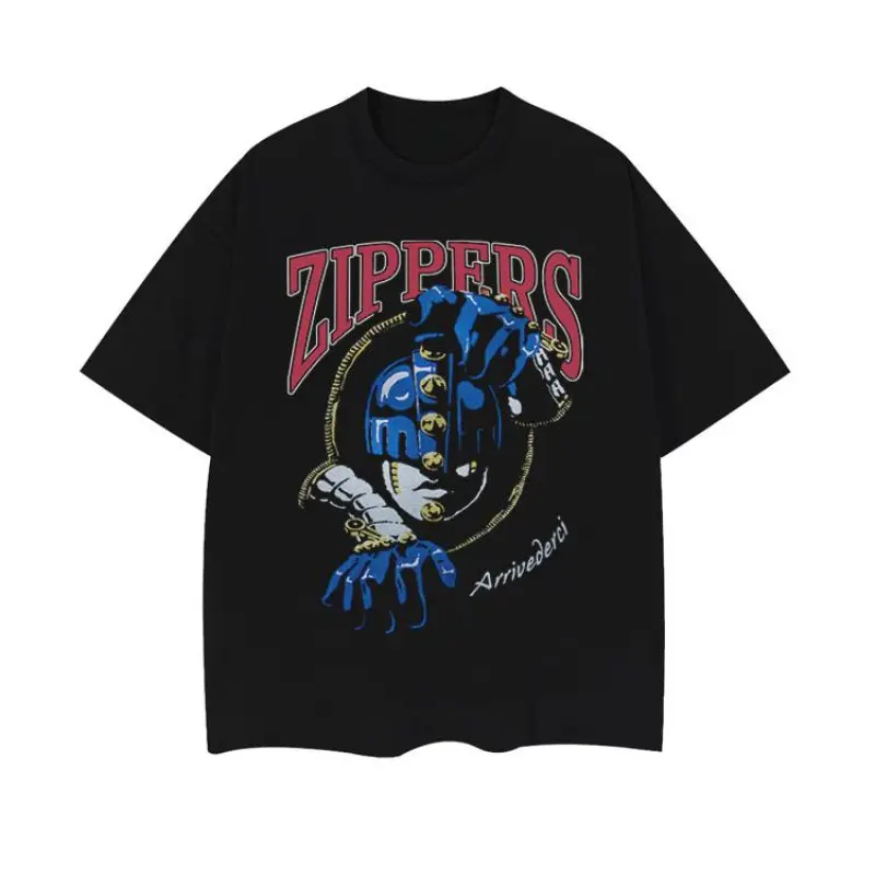 JoJo's Bizarre Adventure "Sticky Fingers" Unisex Heavyweight Vintage Crew Neck T-Shirt, Loose Oversized Baggy Fit, Natural Smooth Fabric, Casual Streetwear Sports Top, Black Short-Sleeve Menswear Printed Tee