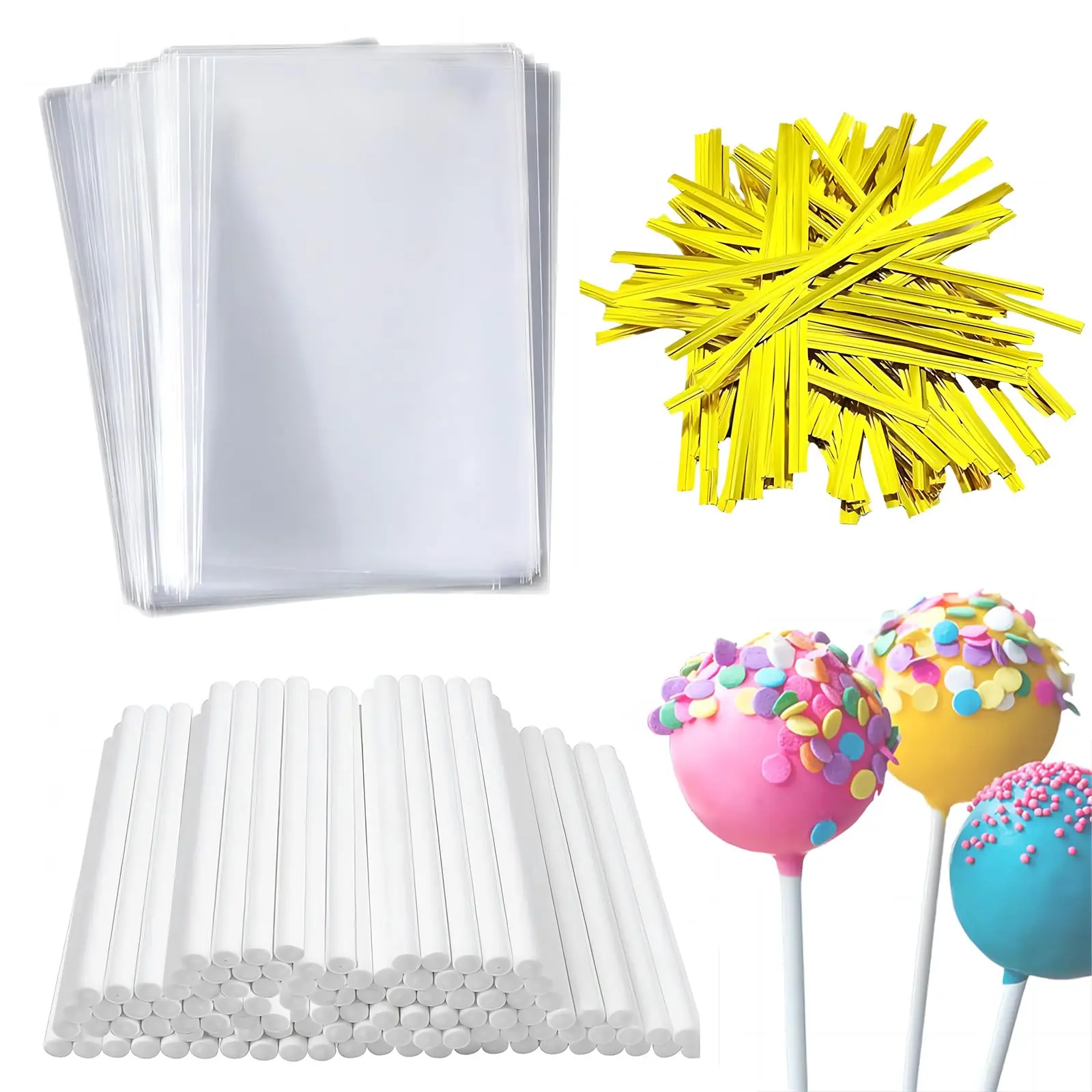 Lollipop Cake Pop Bag Kit, Including 100pcs Lollipop Stick & 100pcs Clear Bag & 100pcs Twist Tie, Candy Decorating Tool for Birthday Party, Pastry Decorative Kit, Pastry Decorating Tools, Cake Decoration Supplies