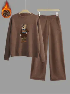 Women's Fall Winter Bear Print Thick Knit Sweater Set, Loose Fit Round Neck Long Sleeve Top High Waist Straight Leg Pants Two-Piece Suit