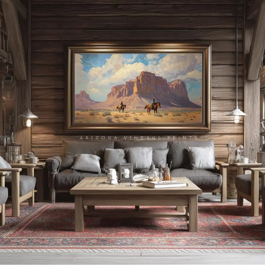 Western Cowboy Glossy Poster, Desert Landscape Wall Art Print, Vintage Southwest Decor, Rustic Cabin Home Artwork