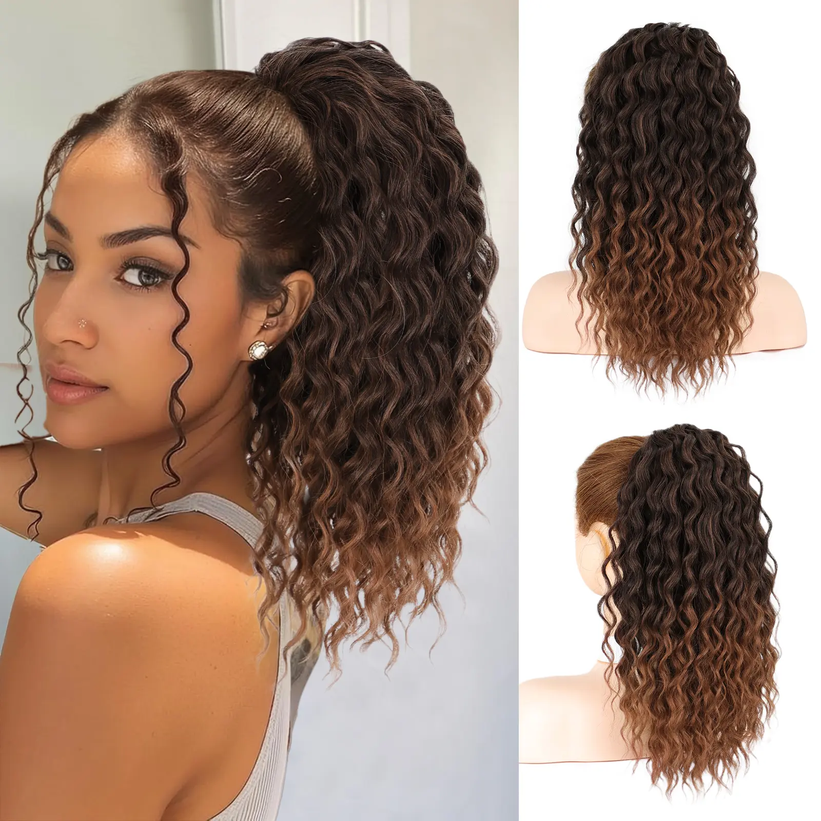 Iridescent Curly Ponytail Extension Drawstring Ponytail for Black Women 18 Inch Synthetic Pony Tails Hair Extensions