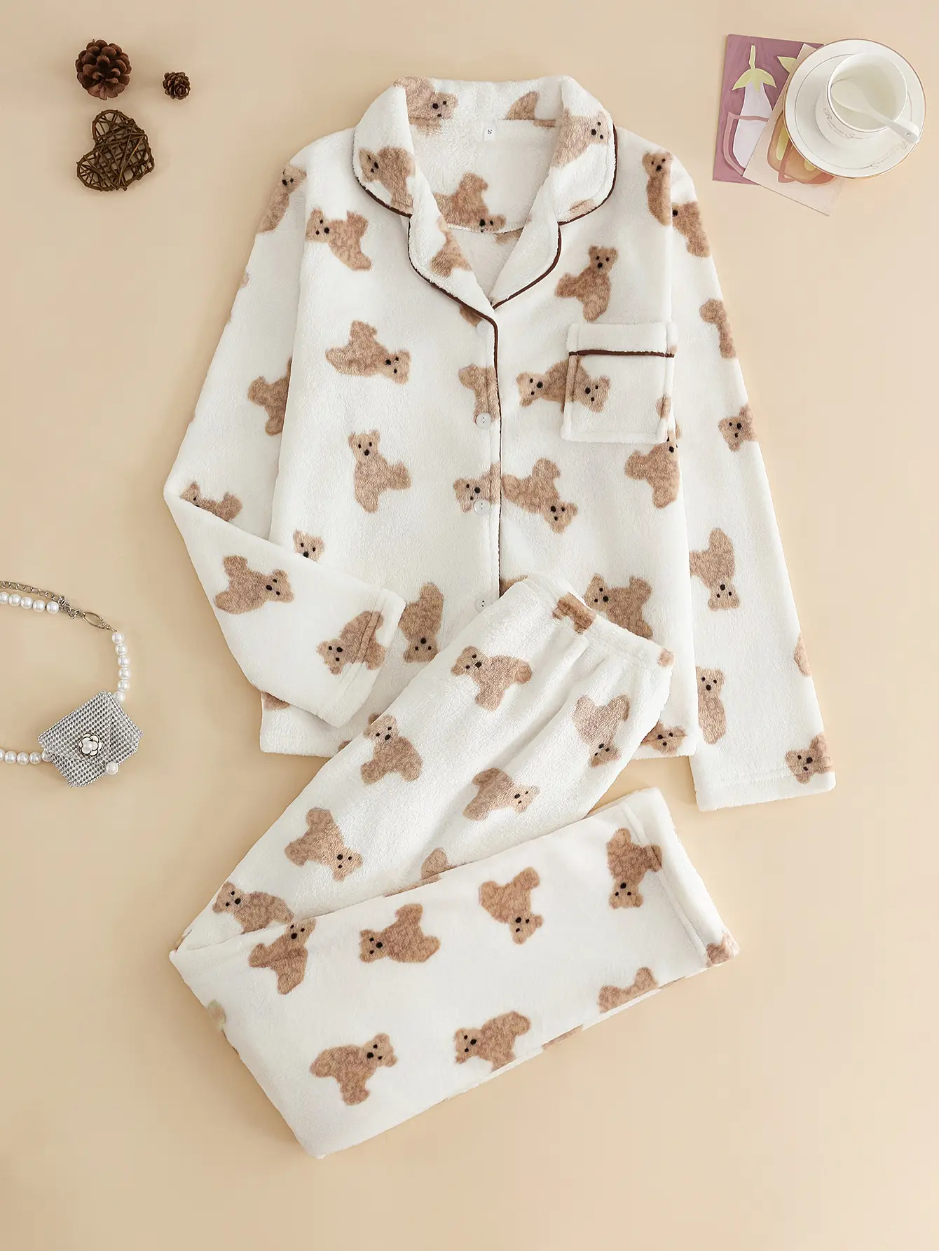 Lady Bear Print Sleepwear Set - Two-piece fleece home attire, including a long-sleeved button-up top and pants. Ladies' sleepwear, long-sleeved, women's sleepwear set, flannel