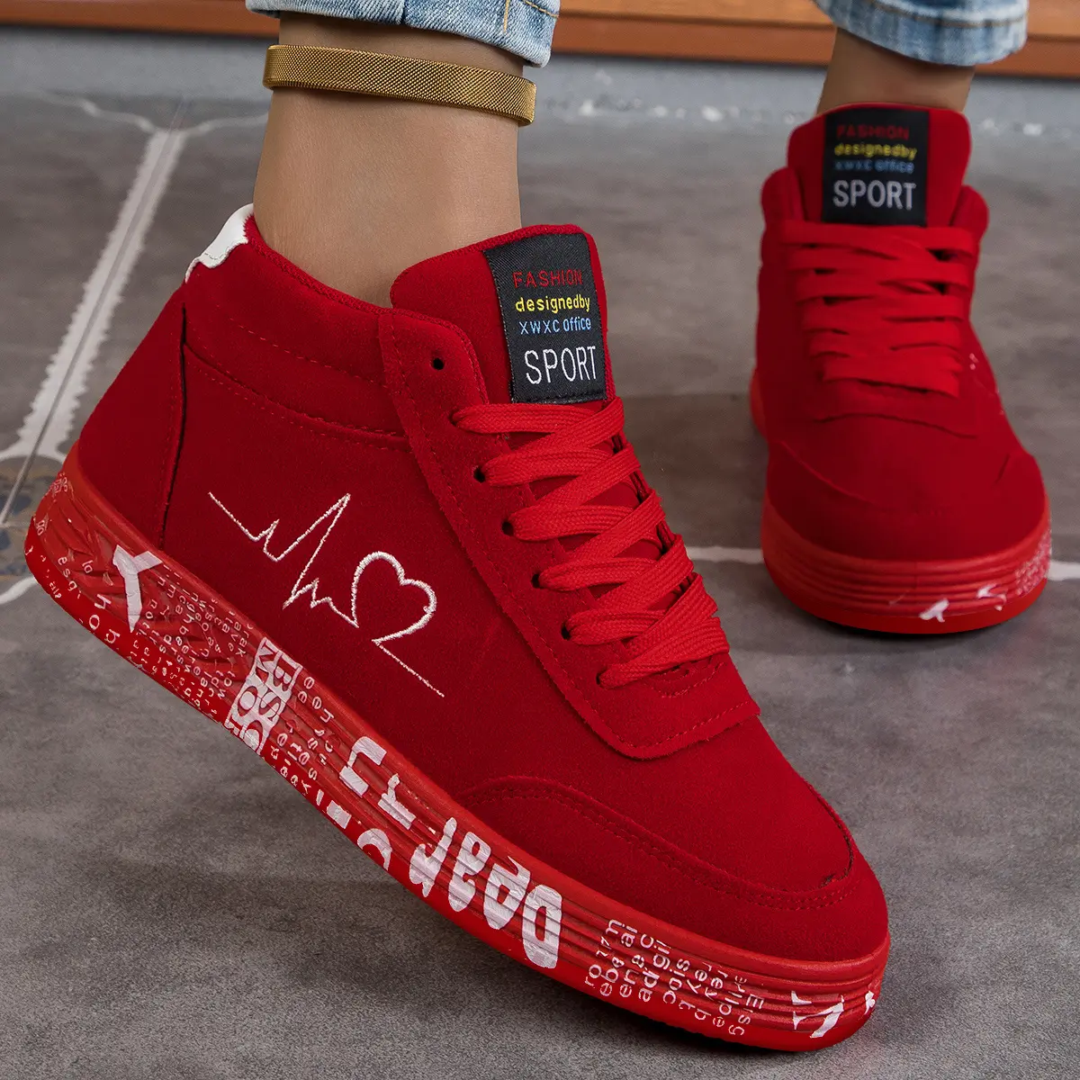 Women's Red High-Top Skateboarding Shoes - Lightweight all-season casual shoes with heartbeat lines and heart motifs, rubber sole & fabric lining, bright red for couples, skateboarding and outdoor wear, sporty style, EVA cushioned insole
