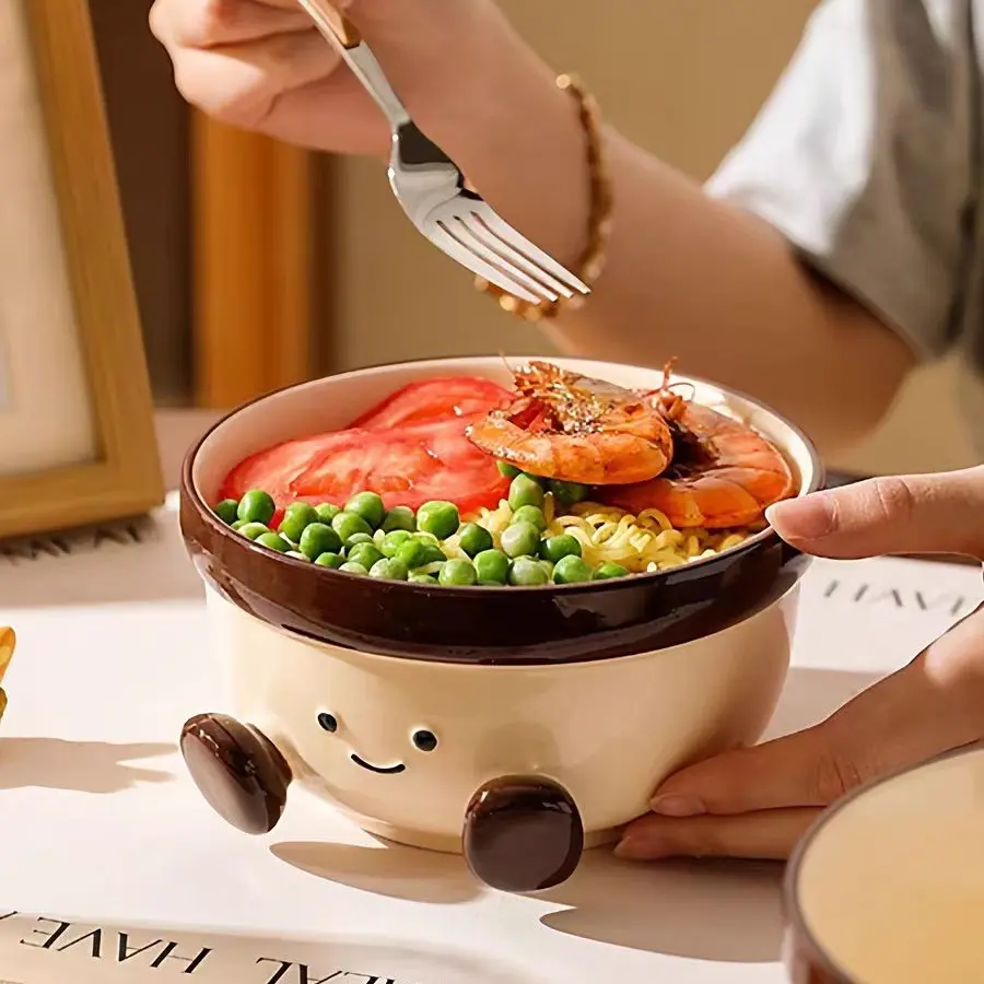 Cute Ceramic Noodle Bowl with Fat Feet Design, High-Quality Salad Bowl for Home Use, Stylish Dormitory Bowls for Students, Ceramic Dish, Ceramic Food Bowl, Ceramics Tableware, Salad Serving Bowls
